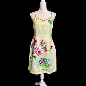 NWT CJ Laing Celery / Lime Green Linen Floral Embroidered Resort Dress Size 10